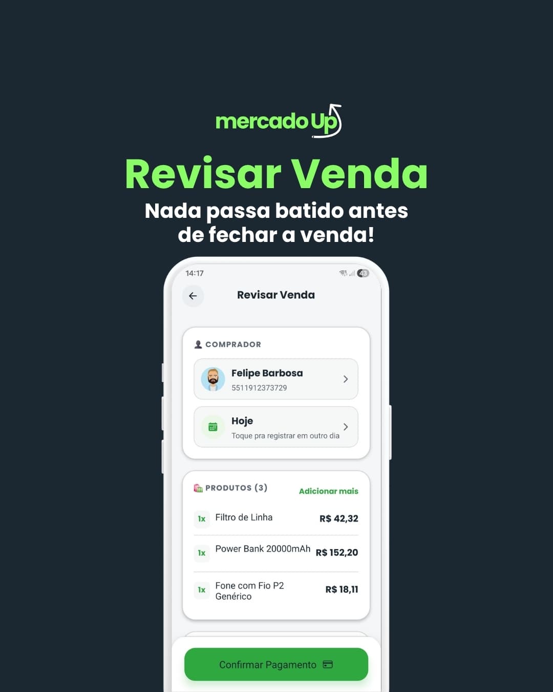 Revisar a venda antes de fechar, no Mercado Up