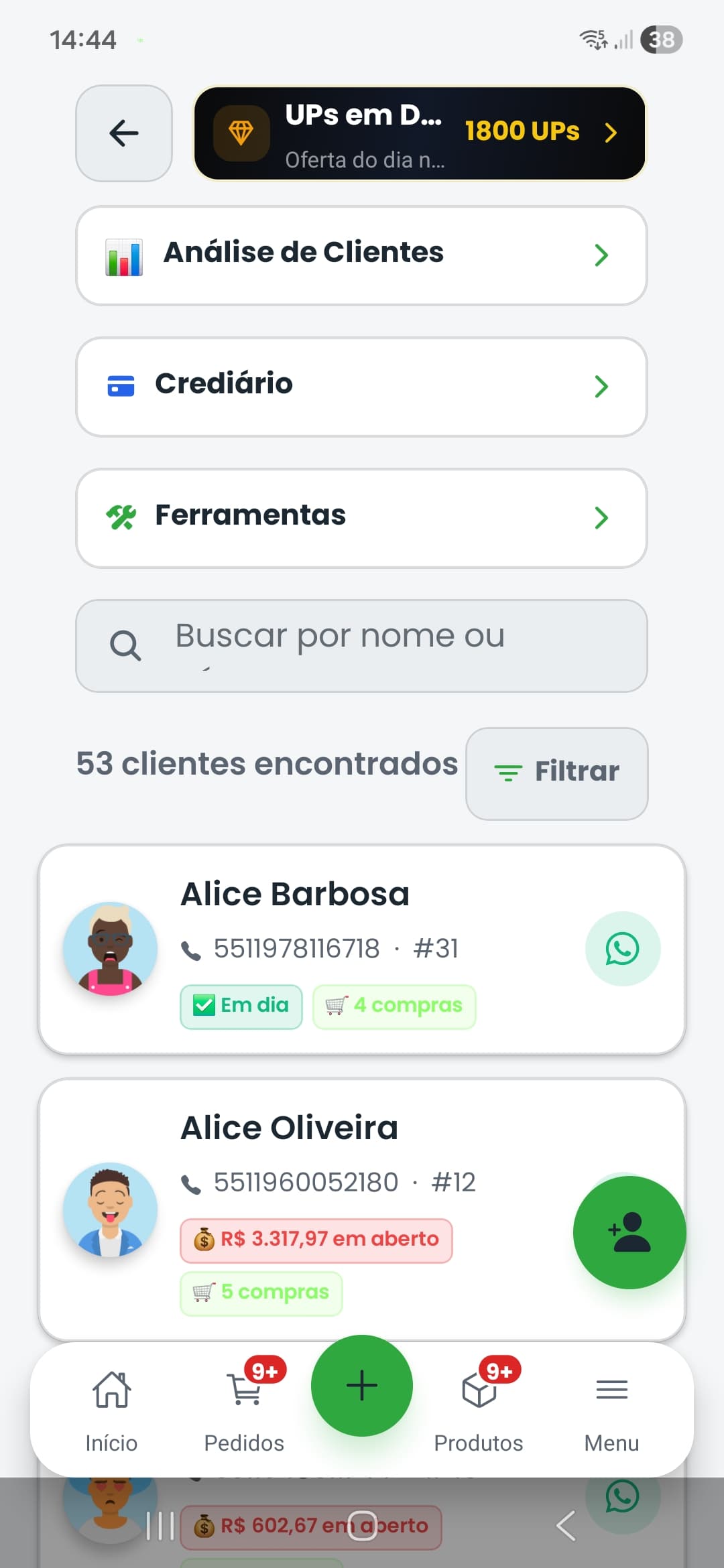 Tela de clientes do Mercado Up com ranking, fiado, tags e aniversário