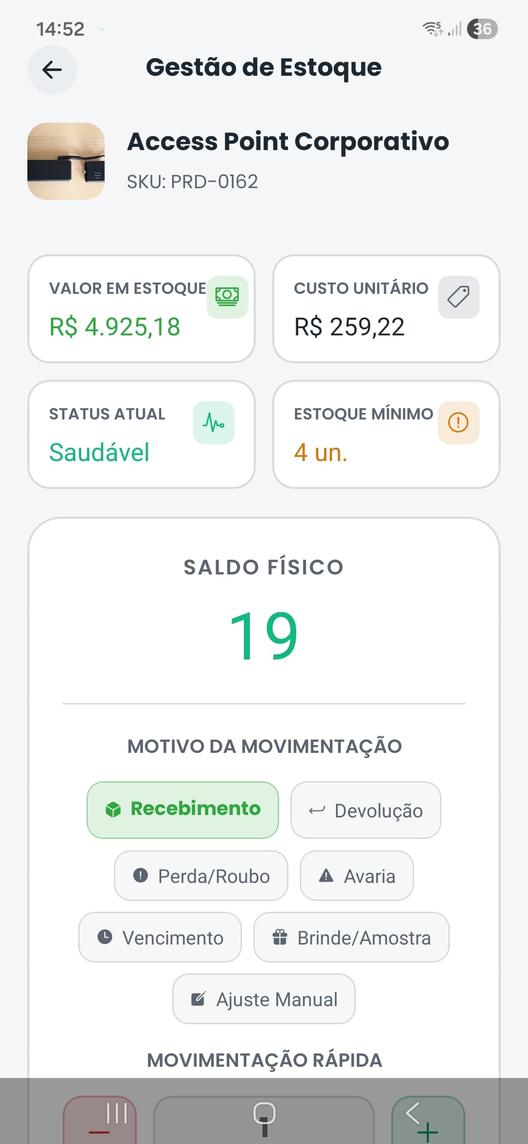 Tela de gestão de estoque do Mercado Up com valor em estoque, custo unitário e saldo físico