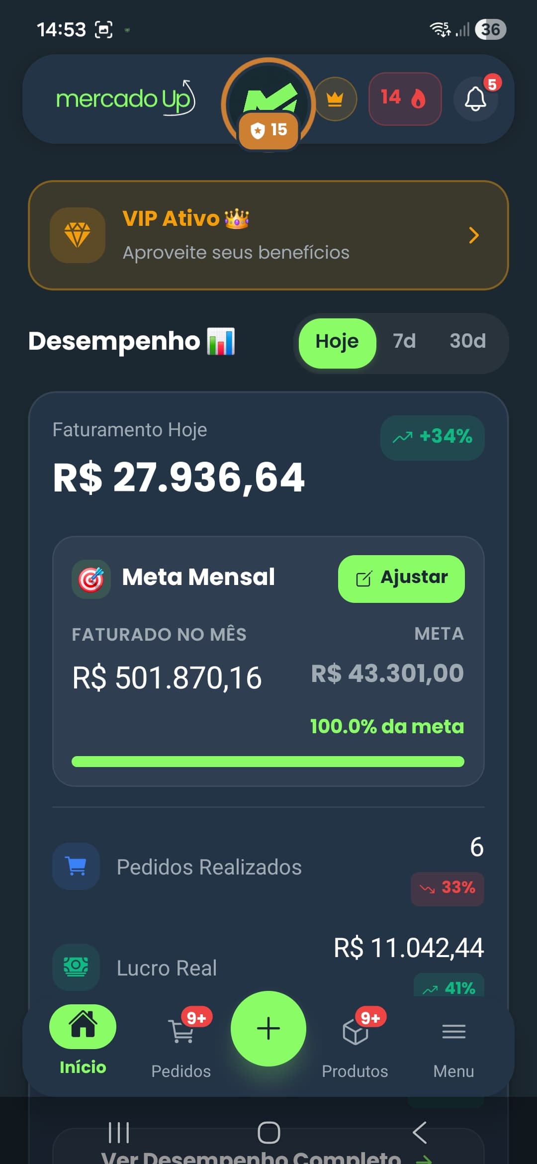 Tela inicial do app Mercado Up com saudação, XP, ofensiva e desempenho de vendas
