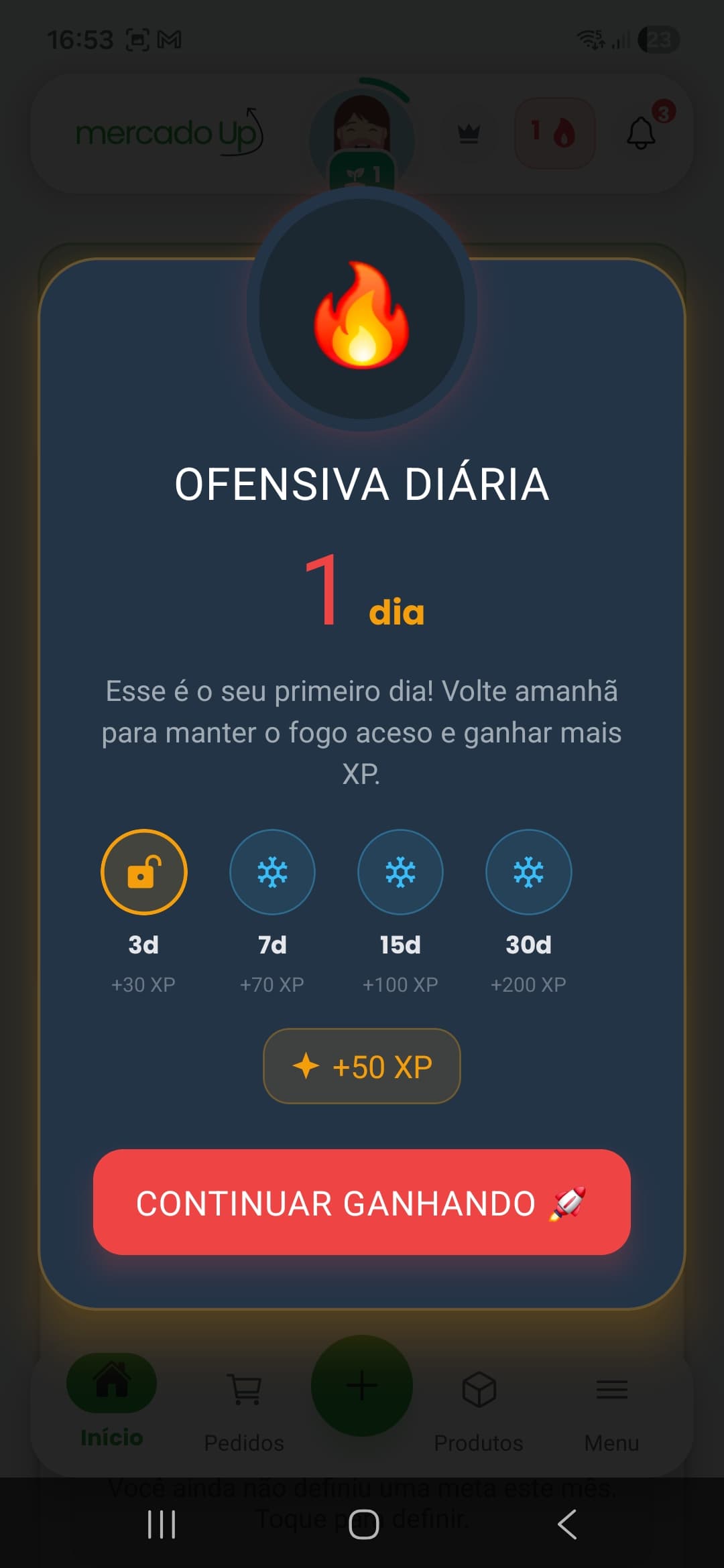 Modal de ofensiva diária do Mercado Up, streak de uso do app