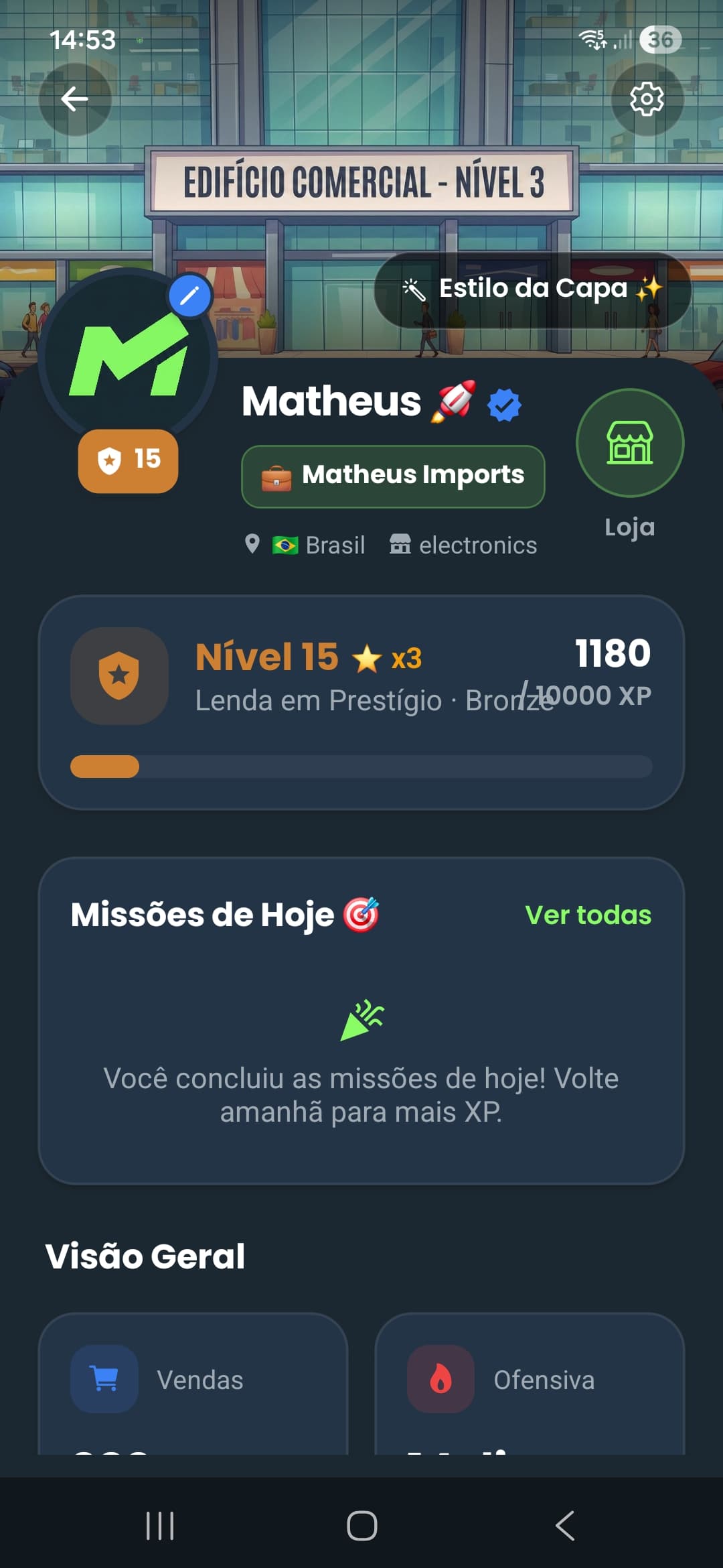 Tela de perfil gamificado do lojista no Mercado Up com XP e conquistas