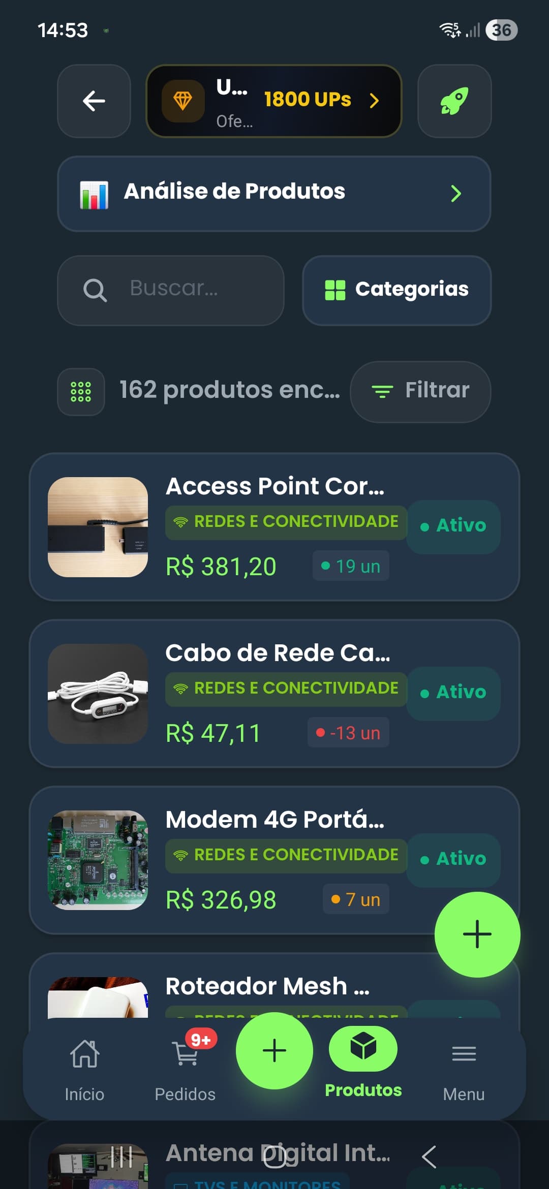 Tela de produtos do Mercado Up com estoque e IMEI